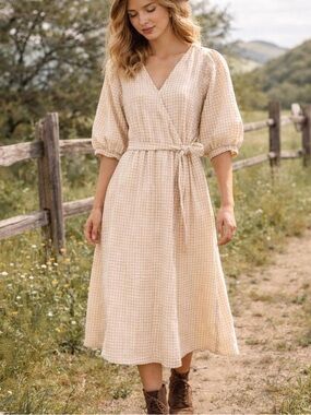 Gingham Seersucker Dress Puff Sleeve Cottagecore Midi Beige White Small